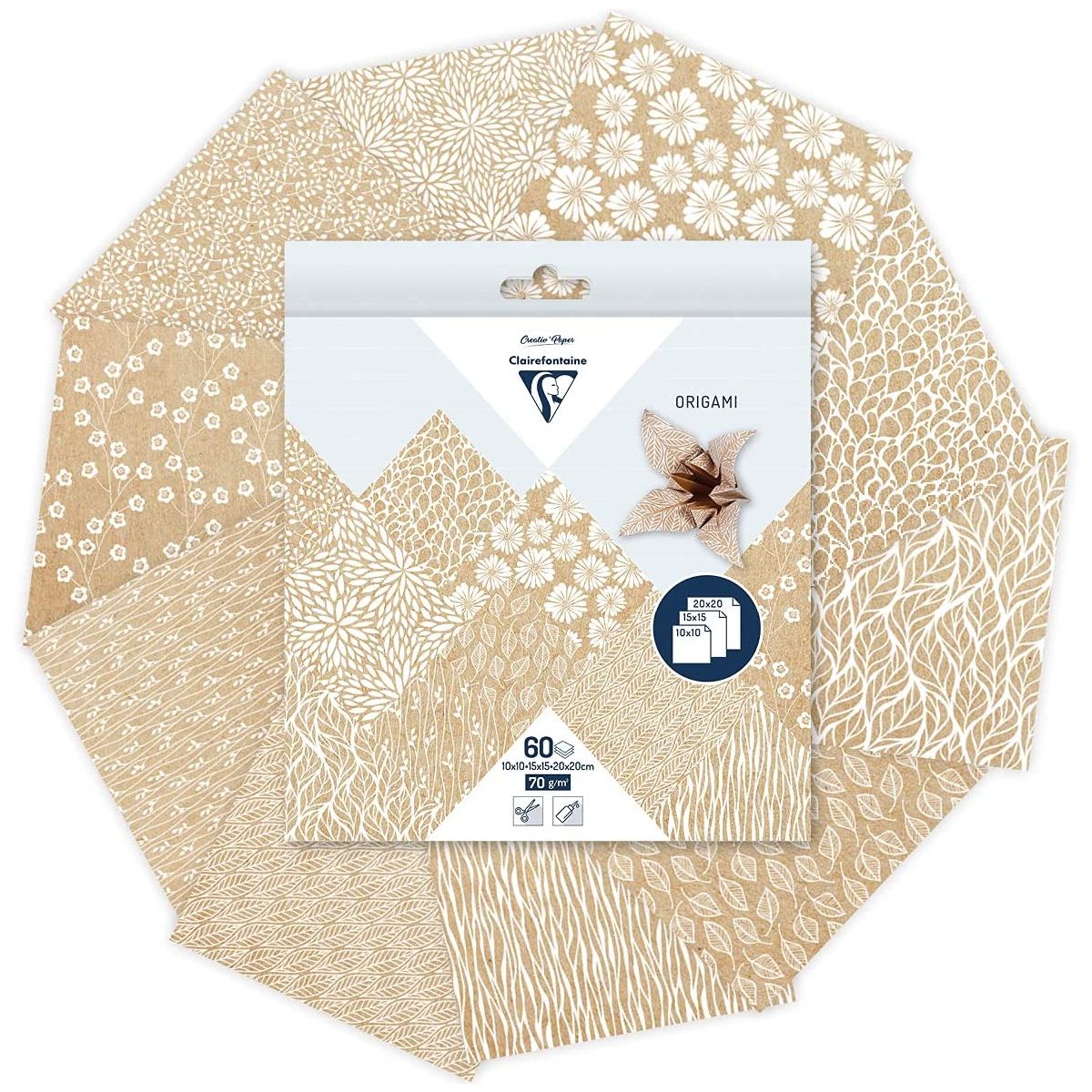 Papíry na origami 10x10cm 15x15cm a 20x20cm 60ks kraft s motivy