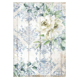 Rýžový papír A4 Bílo modrá tapeta a růže